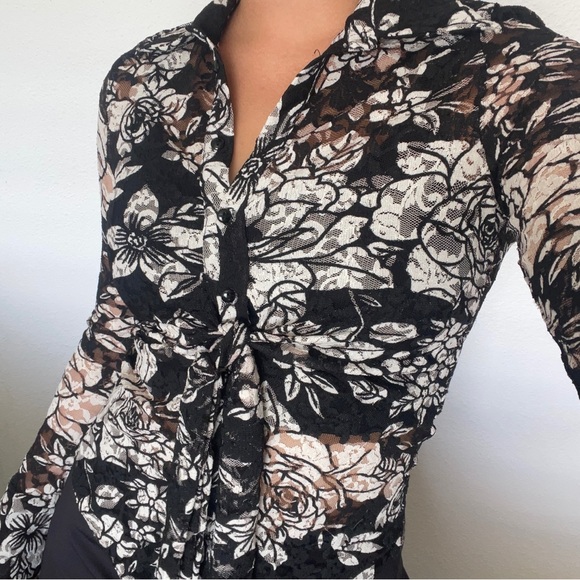 VTG y2k Heart Moon Star Long-Sleeve Mesh Lace Button-Up MEDIUM - Picture 3 of 11